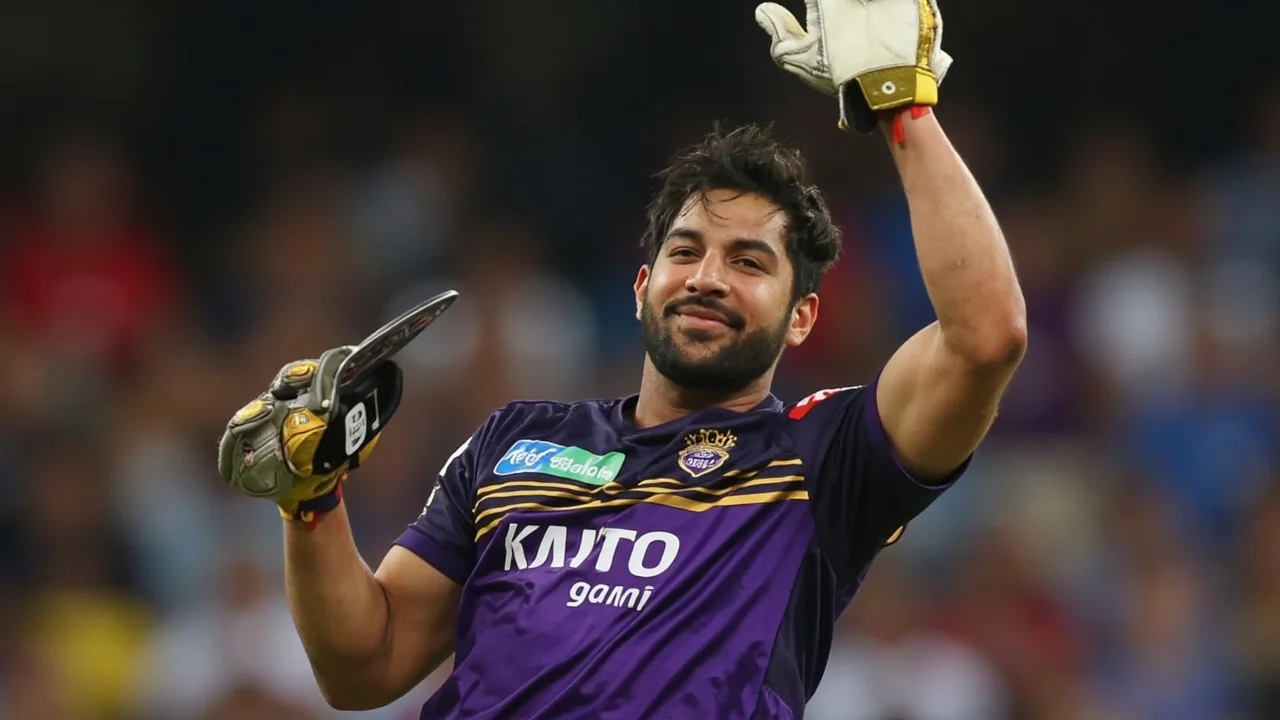 Cricketer in batting stance during an IPL fixture at Eden Gardens